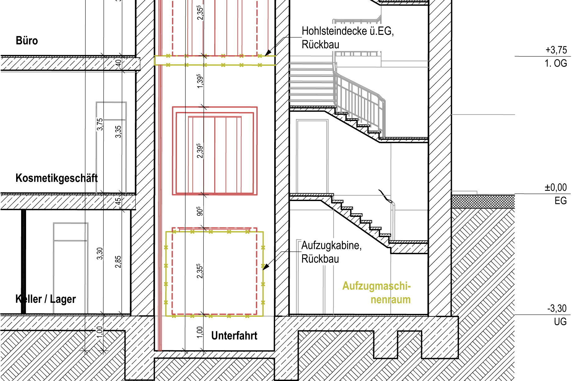 Längsschnitt, anonymisiert – Revitalisierung mit Aufzugsanlage im Gründerzeitbau, Berlin